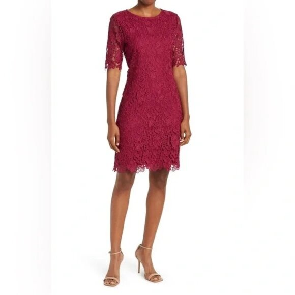 Nina Leonard Lace Sheath Dress Size Large NWT Sangria Color Short Sleeve - Picture 1 of 10